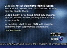 Posio da rede CNN: submeter s autoridades os vdeos antes de exibi-los (captura de tela em 11/10/2001)