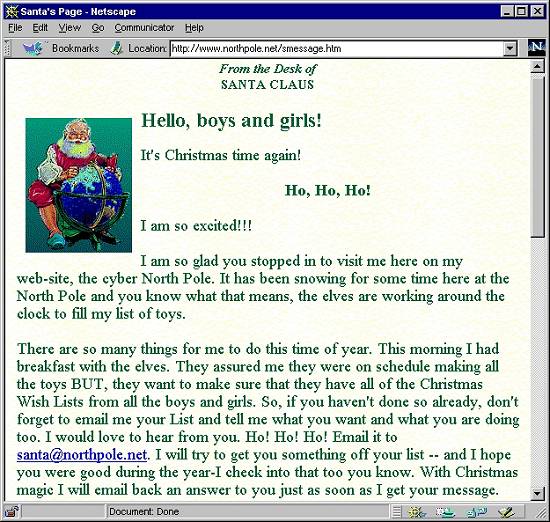 Mensagem de Papai Noel no site NorthPole