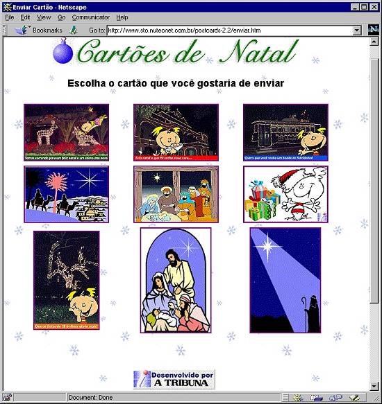 Pgina com opes em cartes natalinos digitais do jornal santista A Tribuna em 1997, com a personagem de quadrinhos Bigail