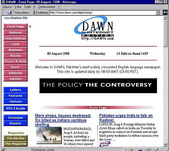 Pgina eletrnica do jornal paquistans 'Dawn', de Karachi, em 5/8/1998