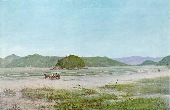 Ao centro, a pequena Ilha de Urubuqueaba, vista em 1902 da praia do Jos Menino, em tela do pintor Benedito Calixto