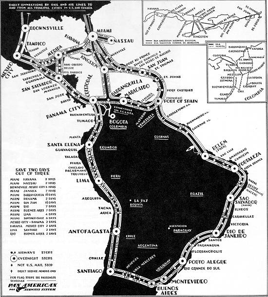 Propaganda/mapa de rotas da Panair: Santos era servida por dois vôos semanais