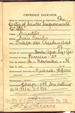 P�gina da carteira de trabalho de Manoel Henriques Ribeiro