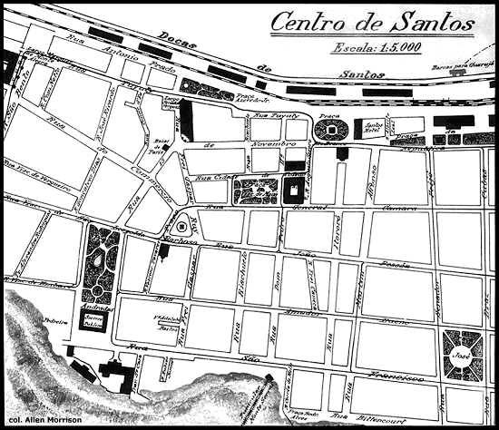 Itiner�rio dos bondes no centro de Santos em mapa de aproximadamente 1937. Imagem da cole��o Allen Morrison - EUA.