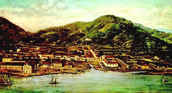 Santos em 1822, conforme concepção do pintor Benedito Calixto