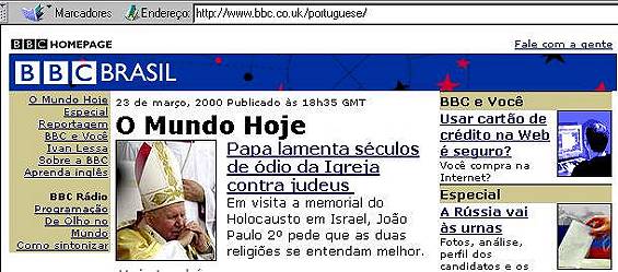 P�gina principal do notici�rio brasileiro da BBC na Internet de 23/3/2000