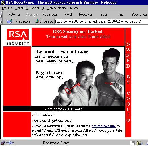 Pgina Web invadida da empresa de segurana RSA, mostrada na revista 2600, dedicada s atividades dos hackers