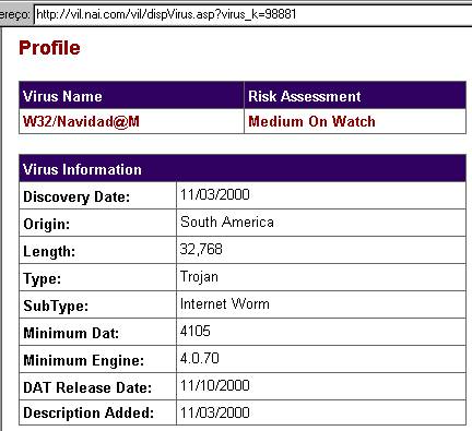 P�gina Web da McAfee sobre o v�rus, em 20/11/2000