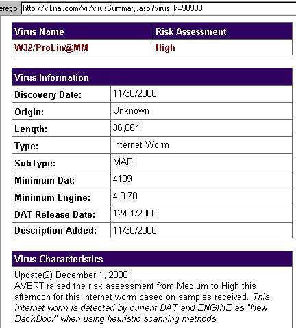 Resumo descritivo da NAI sobre o v�rus/trojan