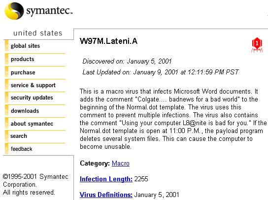 Pgina da Symantec norte-americana sobre o vrus Lateni.A