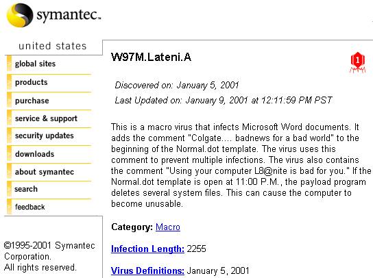P�gina da Symantec norte-americana sobre o v�rus Lateni.A
