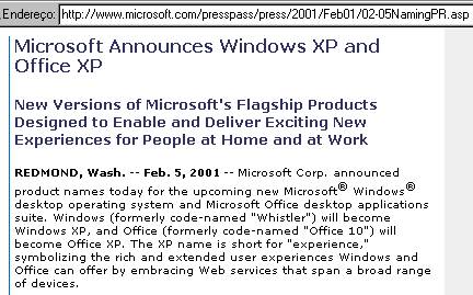 O an�ncio da mudan�a, na p�gina norte-americana da Microsoft