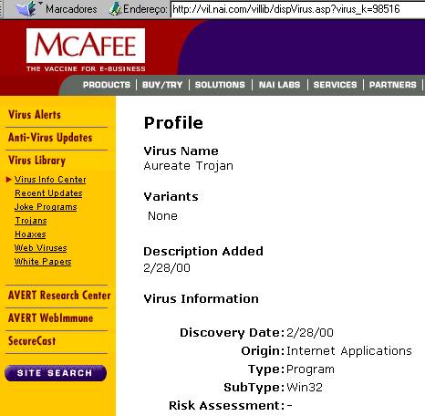 A p�gina da Network Associates/McAfee sobre o trojan Aureate