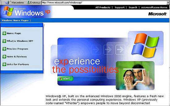 Clique na imagem para conhecer a p�gina oficial do Windows XP em ingl�s