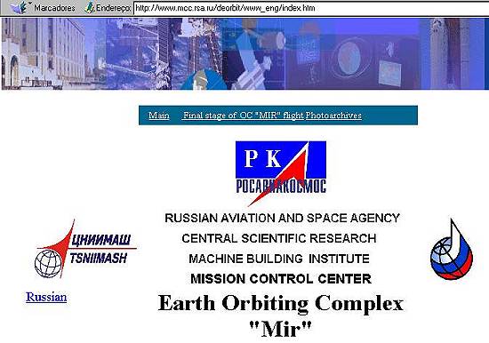 P�gina em ingl�s do centro de controle da miss�o espacial Mir, de Moscou