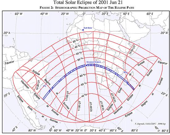 Mapa divulgado pela Nasa, com a trajetria do cone de sombra provocado pelo eclipse