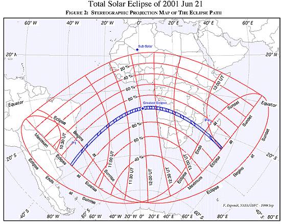 Mapa divulgado pela Nasa, com a trajet�ria do cone de sombra provocado pelo eclipse