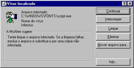 Caixa de alerta do antiv�rus Scan. � necess�rio eliminar o arquivo