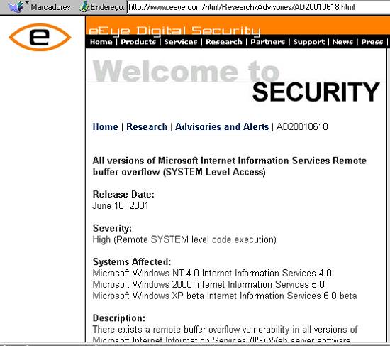 P�gina do eEye Digital Security sobre o problema que afetou o Globo On