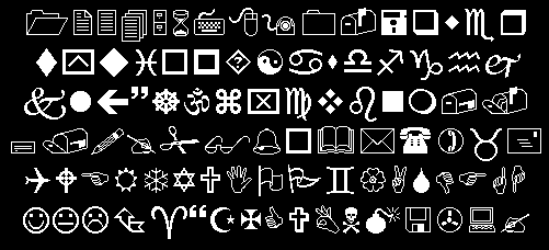 Caracters inclu�dos na fonte de s�mbolos Wingdings