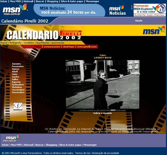 Calend�rio Pirelli 2002 est� no portal MSN, destacando a sobrinha do presidente dos EUA