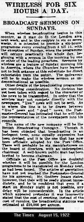 Artigo do jornal 'The Times de 15/8/1922 apresenta os servi�os da BBC