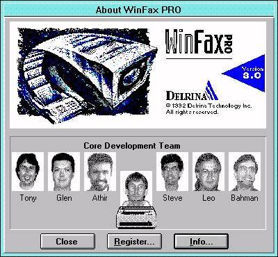 WinFax � um dos programas mais conhecidos de fax por computador. Na imagem da vers�o 3.0, um dos segredos escondidos no programa: as fotos do grupo que desenvolveu o software