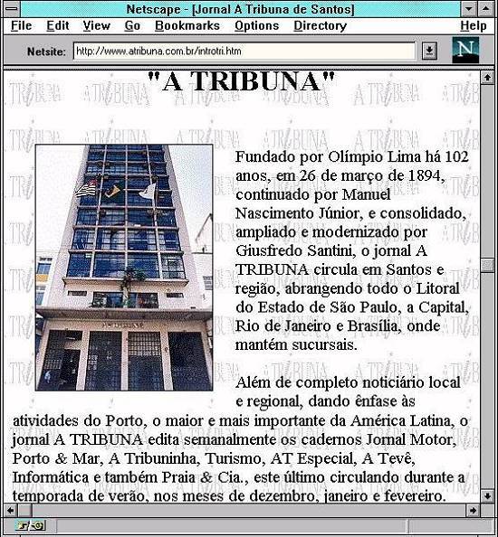 Uma das pginas do site A Tribuna, quando da inaugurao em 1996