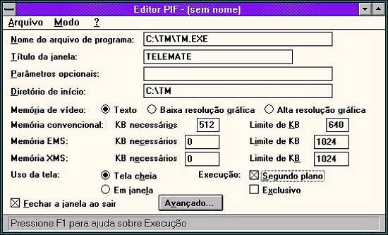 Tela do Editor PIF do Windows 3.x para execu��o do Telemate