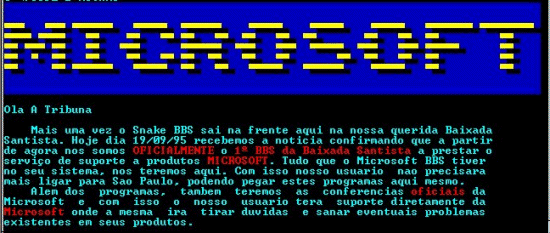 Mensagem em que o Snake BBS anuncia (em 1995) um novo servi�o para os associados