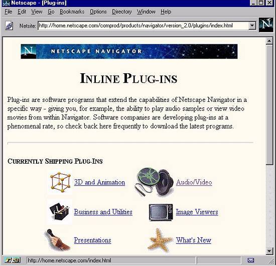 Tela do site da Netscape em 1996: j� era grande a variedade de aplicativos dispon�veis