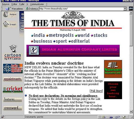 Pgina eletrnica do jornal 'The Times of India' de 5/8/1998
