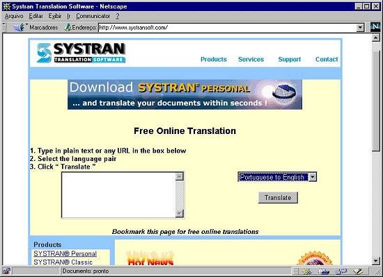 P�gina principal do tradutor Systran