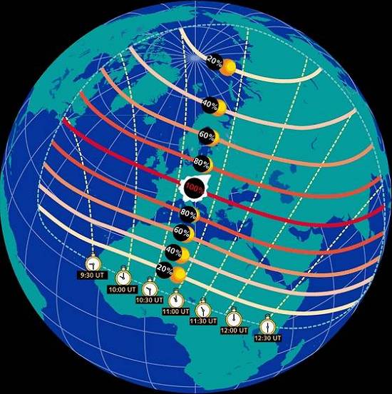 Percurso do cone de sombra do Sol projetado na terra e horrios/percentuais locais de visibilidade do eclipse