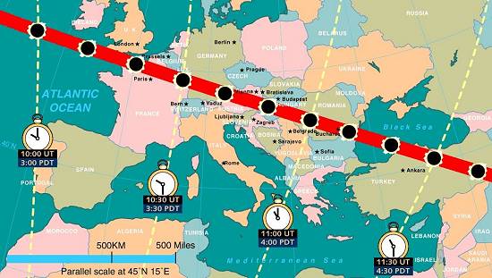 Percurso do Sol projetado na terra e hor�rios locais do eclipse
