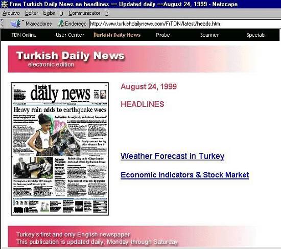 P�gina do Turkish Daily News sobre o terremoto na Turquia