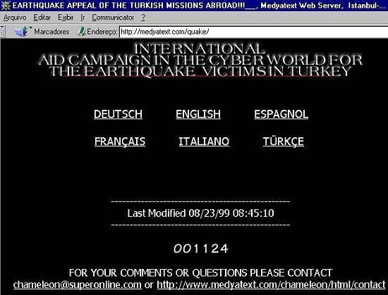 P�gina de um provedor de acesso � Internet em Istambul, sobre o terremoto