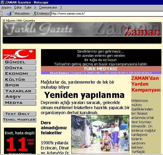 Pgina principal na Web do jornal turco Zaman, em 25/8/1999