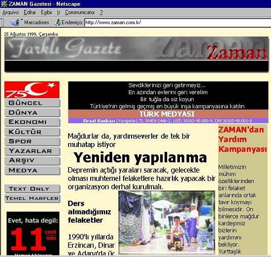 P�gina principal na Web do jornal turco Zaman, em 25/8/1999