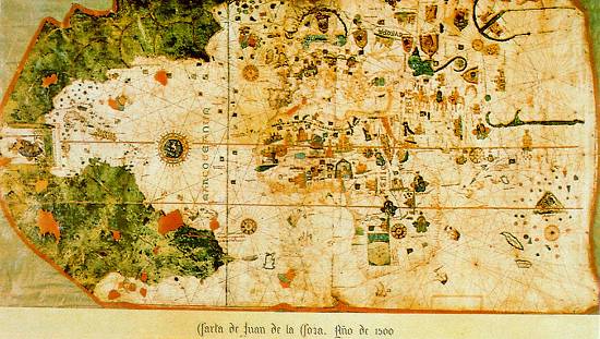 Carta de Juan de La Cosa, 1500, no Museu Naval de Madrid (foto: revista 'Hola!' especial, Madrid, 1992)