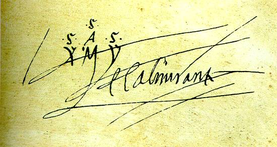 Assinatura de Colombo (reproduo: revista 'Hola!' especial, Madrid, 1992)