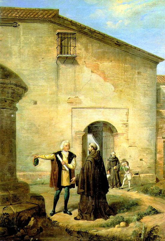 Colombo chega com o filho ao mosteiro de la Rbida, onde por 8 anos prepararia a viagem  Amrica (foto: revista 'Hola!' especial, Madrid, 1992)