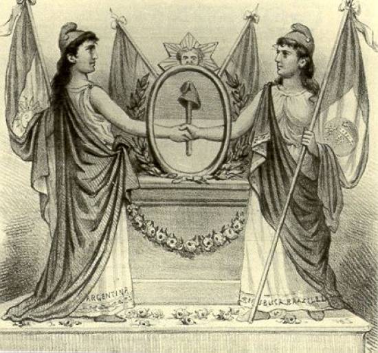 Em outra alegoria da �poca, a rep�blica argentina e a futura rep�blica brasileira se cumprimentavam, sob inspira��o francesa