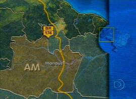 Tra�ado da BR-174 (Imagem: Rede Globo de Televis�o, no Jornal Nacional de 4/12/2001)
