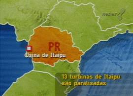 O desligamento de seguran�a paralisou 13 turbinas em Itaipu... (captura de tela - Rede TV!, 22/1/2002, 21H31)