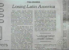 Paul Krugman critica a posi��o dos EUA, em artigo em jornais dos EUA (Imagem: TV Globo/Brasil, 16/4/2002, 20h29)