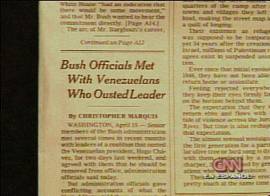 Jornal 'The New York Times' denuncia liga��o ianque com os golpistas. (Imagem: TV CNN/EUA 16/4/2002, 21h05)