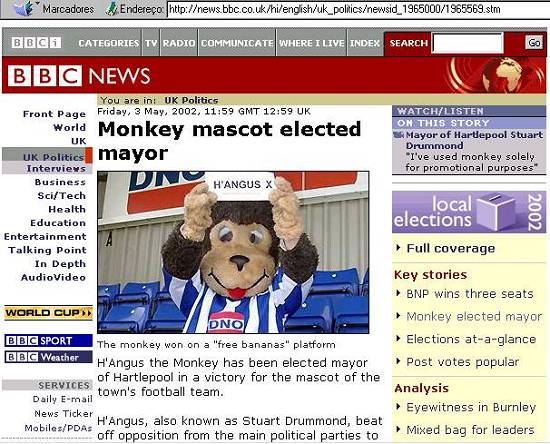 P�gina Web do servi�o noticioso ingl�s BBC de 3/5/2002
