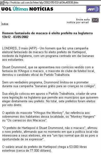 Not�cia do portal Universo On Line (Brasil) de 3/5/2002
