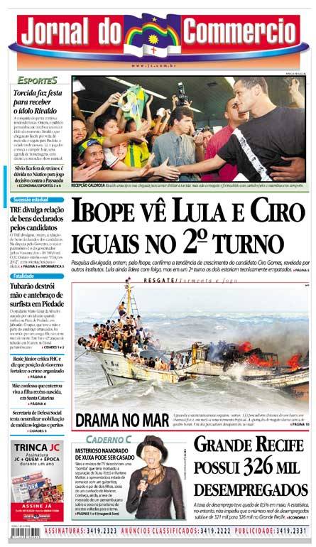 Capa da edi��o de 10/7/2002, com a not�cia: TRE divulga rela��o de bens declarados pelos candidatos